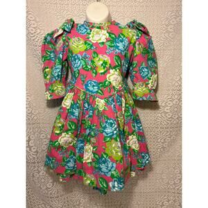 Vintage 80’s Little Star Rockabilly, Floral Tea Party Dress, Puffy Sleeves, 4T
